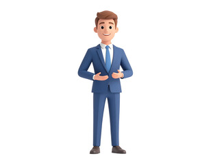 Fototapeta premium A friendly cartoon businessman in a sharp blue suit smiles confidently while gesturing, ideal for professional presentations.