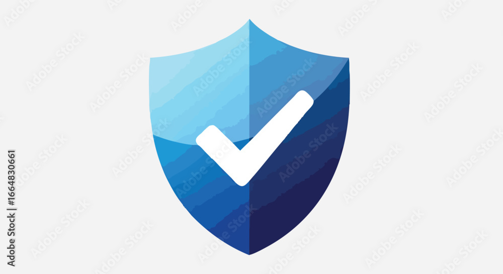 Poster protective azure shield emblem with validation mark, conceptual security assurance and protection ic