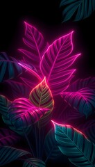 Obraz premium Vibrant neon foliage: Abstract botanical design with vivid pinks and teals