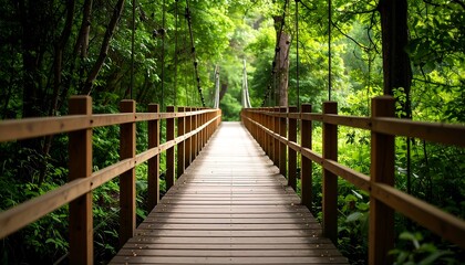 A peaceful wooden suspension bridge extends through a lush green forest, inviting tranquility and a sense of serenity.