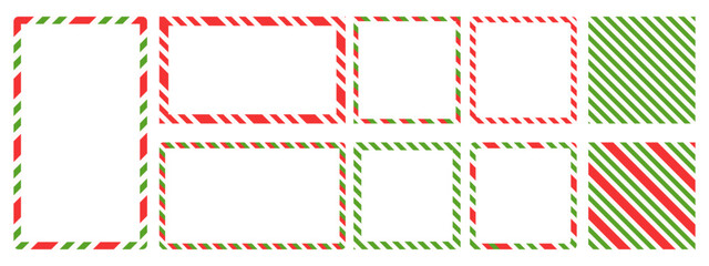Christmas candy cane frame set. Red and green striped borders. Rectangle and square borders in red and green lollipop style.