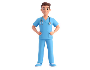 Fototapeta premium A confident male medical professional wearing blue scrubs and a stethoscope smiles, ready to assist.