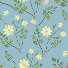 Yellow flower on blue background, seamless pattern.