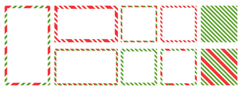 Christmas candy cane frame set. Red and green striped borders. Rectangle and square borders in red and green lollipop style.