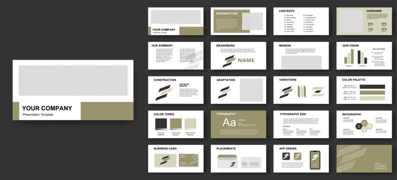 Modern corporate presentation template with branding and infographic slides
