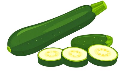 A whole zucchini and three cross-section slices are displayed against a white background