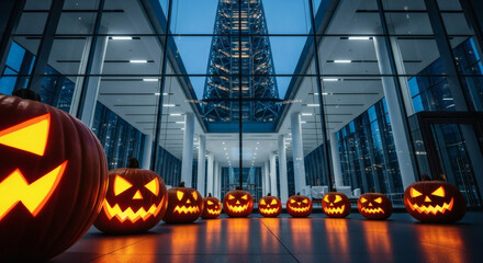 Glowing jack-o-lanterns arranged in a modern office building lobby at dusk with a dark and spooky atmosphere.