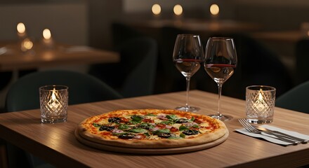 Romantic dinner table with pizza wine and candlelight setting
