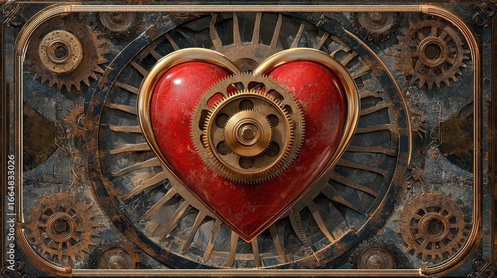 Poster steampunk heart with gears and clockwork on a rustic background