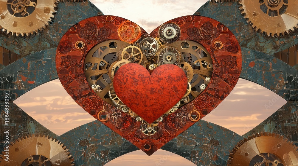 Poster heart shape design with gears and clockwork elements in vintage style