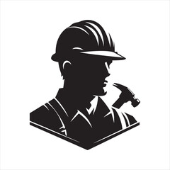 Construction worker with helmet vector silhouette outline logo design concept illustration