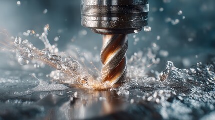 Metal drilling process creates sparks and water spray in industrial workshop setting