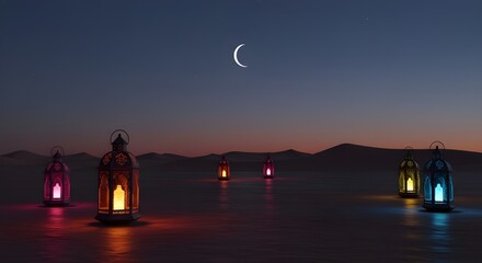 Traditional lanterns glowing in desert night with crescent moon