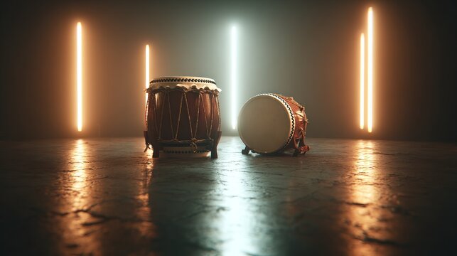Two traditional Japanese drums in a studio setting with neon lighting
