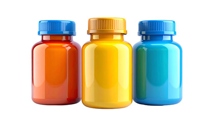 Three colorful plastic bottles stand in a row, each with a different colored body and cap, creating a vibrant and eye-catching display.