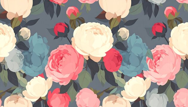 A beautiful floral pattern featuring vibrant peonies in various shades of pink, blue, and cream, set against a soft gray background.