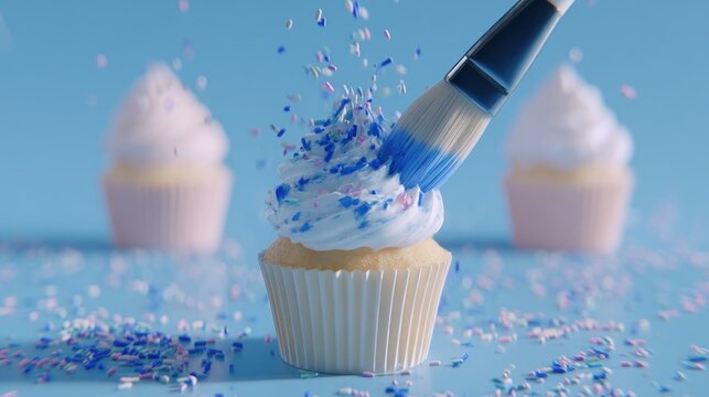 Cupcake decorated with blue icing and sprinkles