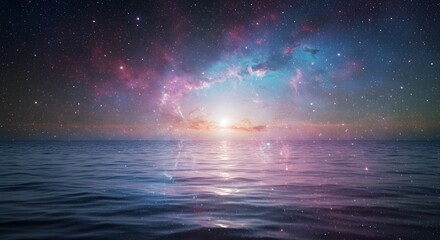 Galaxy nebula blended with flowing water, cosmic double exposure style