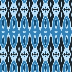 This seamless, ornate pattern features symmetrical, ethnic-style ogee and diamond motifs, creating an intricate and elegant geometric design in a monochromatic blue palette