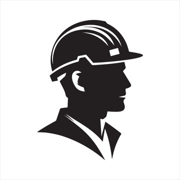 Construction worker with helmet vector silhouette outline logo design concept illustration