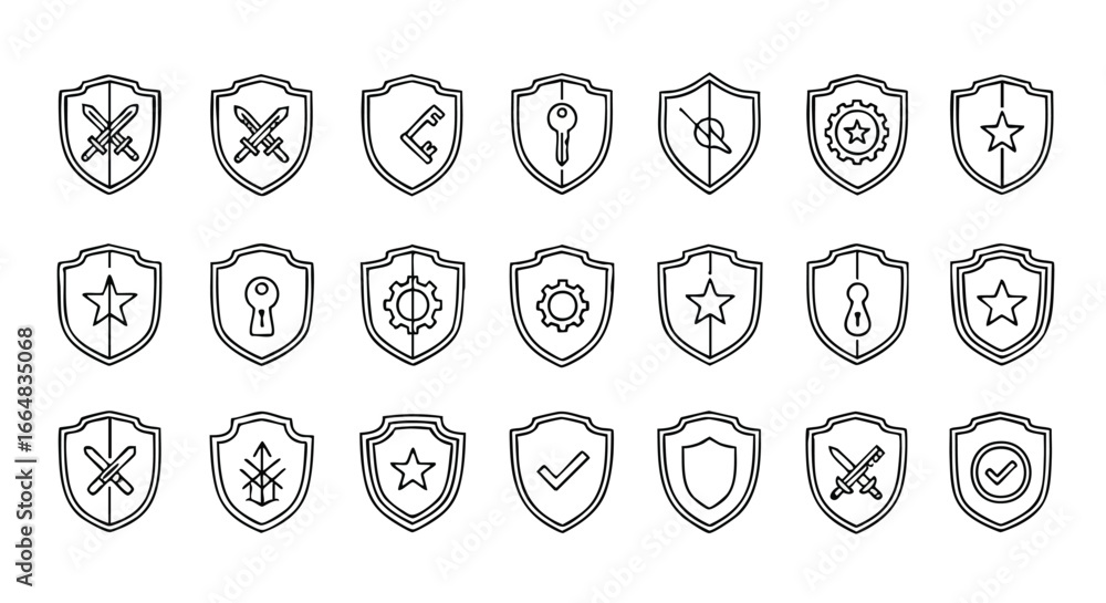 Poster diverse shield icon set presenting protection, security, and authorization features in a modern outl