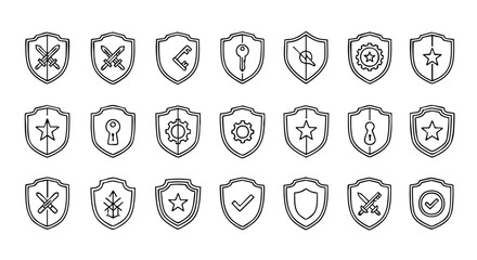 Diverse shield icon set presenting protection, security, and authorization features in a modern outline style suitable for user interface design