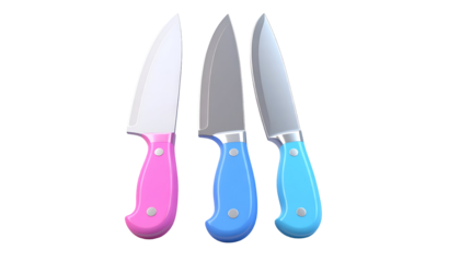 Three colorful paring knives stand upright, their blades gleaming against a dark background, suggesting culinary readiness and precision.