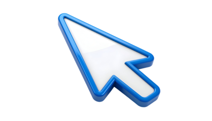 A vibrant cursor icon, digitally rendered with a glossy white and a bold blue border, ideal for website design and digital interface projects.