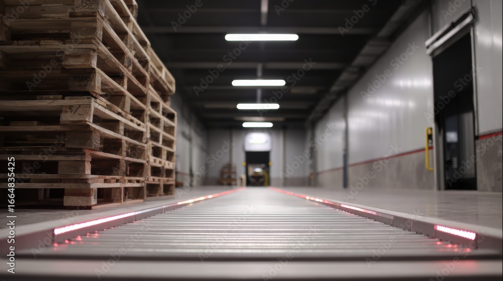 Poster neatly arranged wooden pallets line side of spacious receiving lane, featuring conveyor system with 