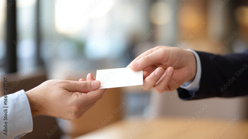 Poster business card is being exchanged between two hands in professional setting, symbolizing networking a