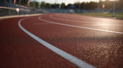 Close up view of running track, featuring curved lane with crisp white lines warm, inviting surface. scene captures essence of athleticism and outdoor sports, evoking sense of motivation