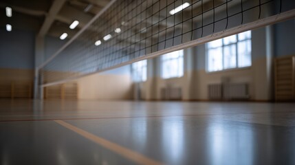 Fototapeta premium Volleyball net stretches across polished gym floor, showcasing spacious indoor sports facility. bright windows illuminate area, creating inviting atmosphere for athletes