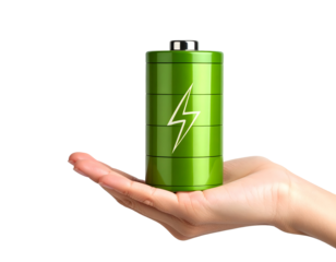 A human hand presents a fully charged green battery, symbolizing renewable energy, power, and environmental solutions.