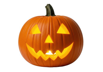 Fototapeta premium Carved halloween pumpkin with glowing face isolated on transparent background