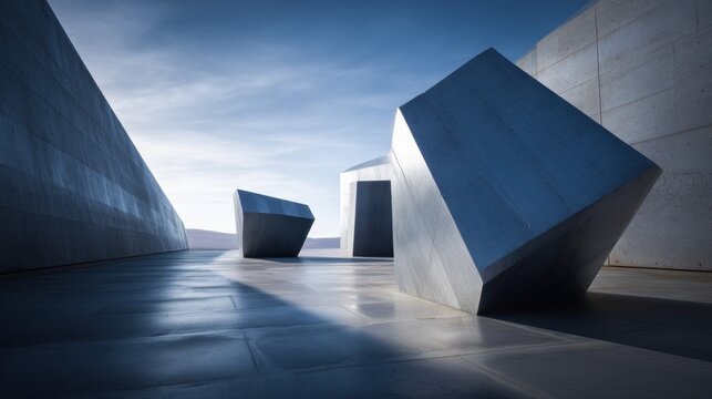 Angular concrete structures in dramatic shadows for art gallery promotions, architectural design proposals, avant-garde editorials, creative installations, modern building concepts

