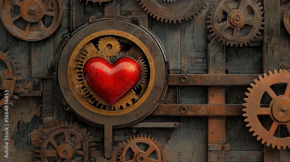 Poster mechanical heart with gears and cogs on rustic background