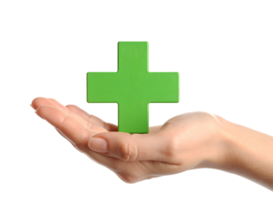 A human hand offers a bright green plus symbol, conveying ideas of health, growth, and positive solutions.