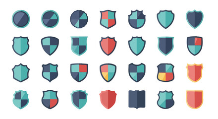 Assorted shields emblem icons set, representing security, safety, protection, and defense in various shapes and color combinations conveying