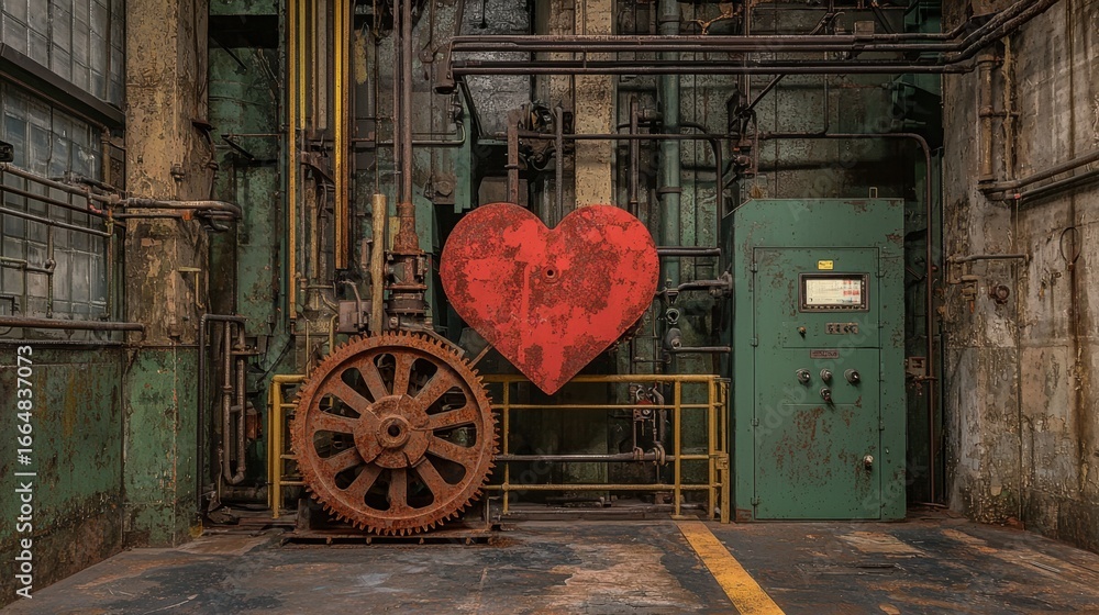 Poster rusty industrial setting with a large red heart symbol in center