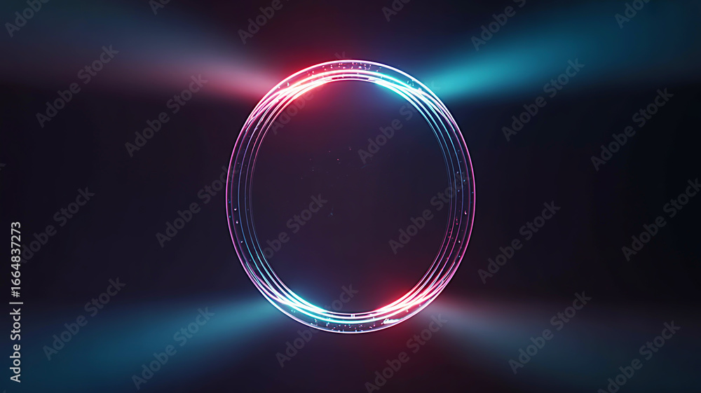 Poster mesmerizing abstract glowing neon ring with futuristic light rays on a dark background, representing