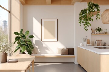 Modern, minimalist kitchen with natural light and plants.