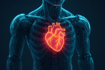 A futuristic cyborg with a glowing red human heart visible inside its transparent blue mechanical body.