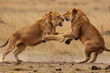 Fototapeta premium Fierce Lion Fight in Savannah – Powerful Wild Animal Battle Scene 