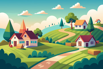 Charming rural landscape illustration with cozy houses nestled in rolling green hills, conveying peace, tranquility, and the beauty of countryside living