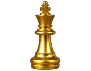 Golden Chess Queen Standing Upright with Glossy Shine, Isolated on Transparent Background