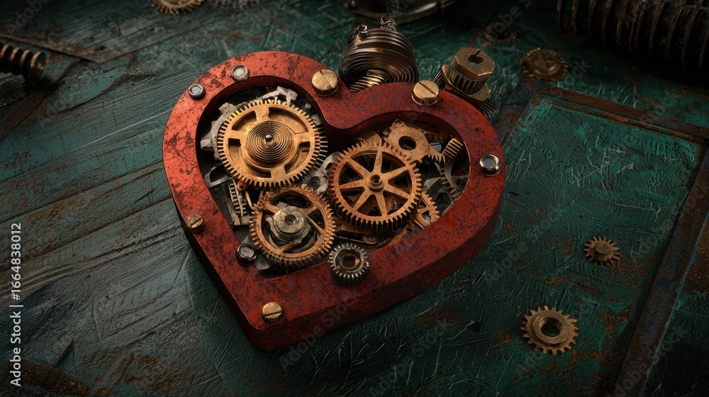 Poster heart shape design incorporating mechanical gears and clockwork elements
