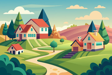 Naklejka premium Dreamy countryside houses amidst rolling hills, a peaceful neighborhood scene, simple home concept, inviting rural landscape, perfect for real estate marketing