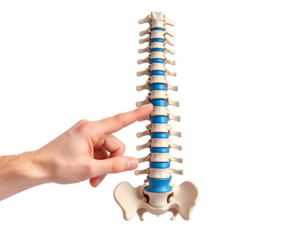A human hand points to a specific section of a detailed anatomical spine model, emphasizing spinal health.