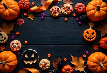 estive Halloween cookies with pumpkins, candies, and autumn leaves