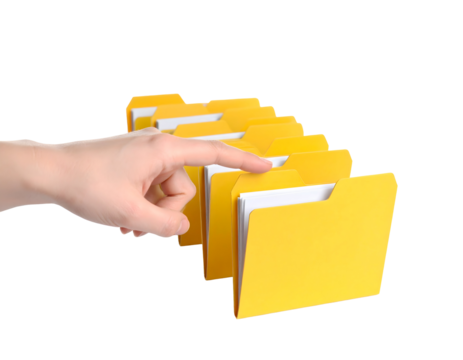 A human hand points to a yellow file folder, symbolizing efficient organization and document management.
